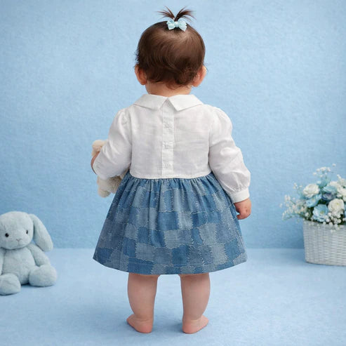 Baby Girl Premium Cotton Denim Frock with attached White shirt