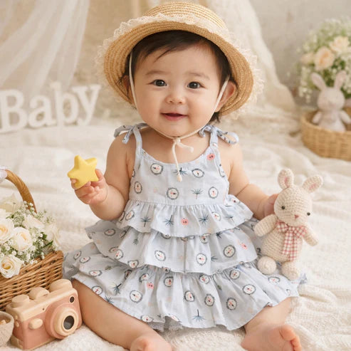 Baby Girl Cotton Printed Frock | Sleeveless Tiered Summer Dress for Infants