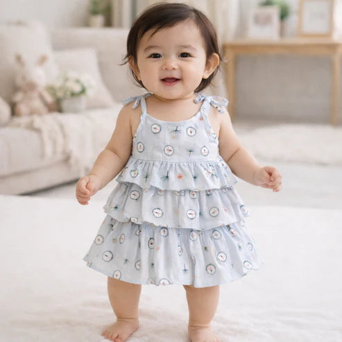 Baby Girl Cotton Printed Frock | Sleeveless Tiered Summer Dress for Infants