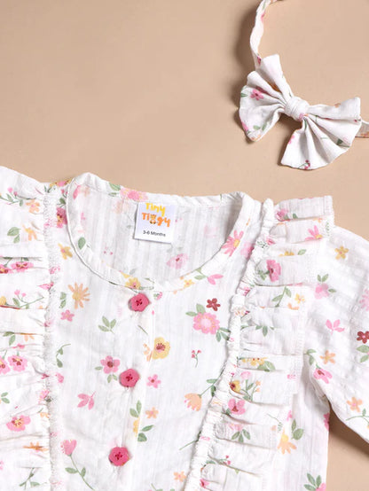 Floral 100% Cotton Baby Girl Romper with Headband Set | Soft Cotton Long Sleeve Jumpsuit