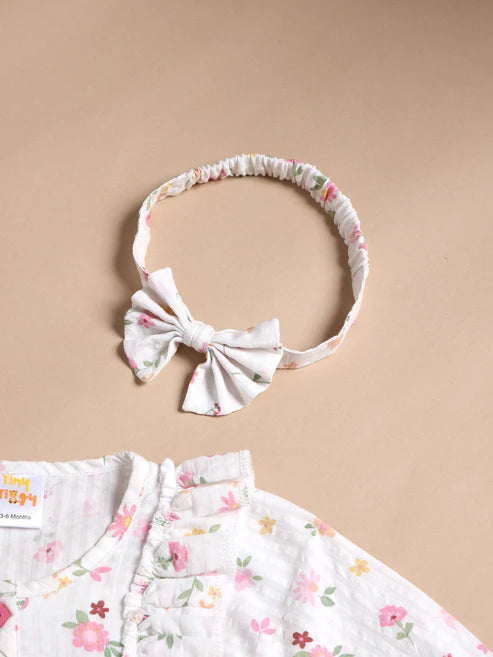 Floral 100% Cotton Baby Girl Romper with Headband Set | Soft Cotton Long Sleeve Jumpsuit