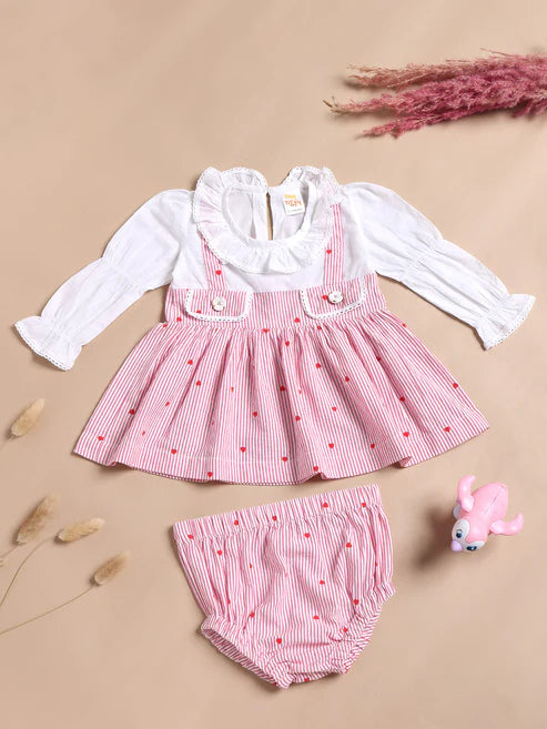 Baby Girls Premium Pink Heart Striped Pinafore Frock Matching Shorts