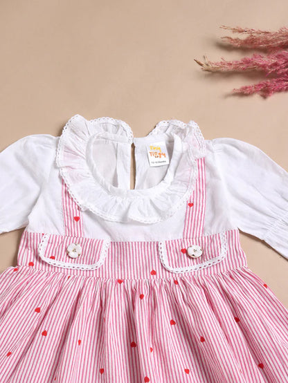 Baby Girls Premium Pink Heart Striped Pinafore Frock Matching Shorts