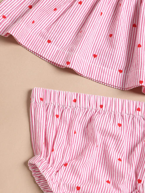 Baby Girls Premium Pink Heart Striped Pinafore Frock Matching Shorts