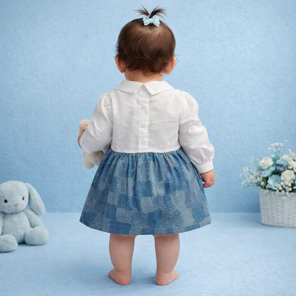 Baby Girl Premium Cotton Denim Frock with attached White shirt