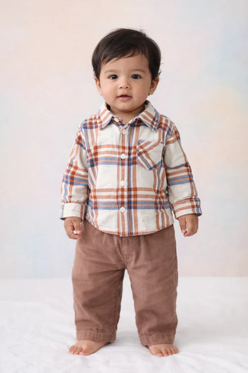 Baby Boys Cotton Checked Full Sleeve Shirt & Corduroy Trouser Set
