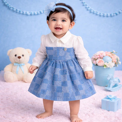 Baby Girl Premium Cotton Denim Frock with attached White shirt