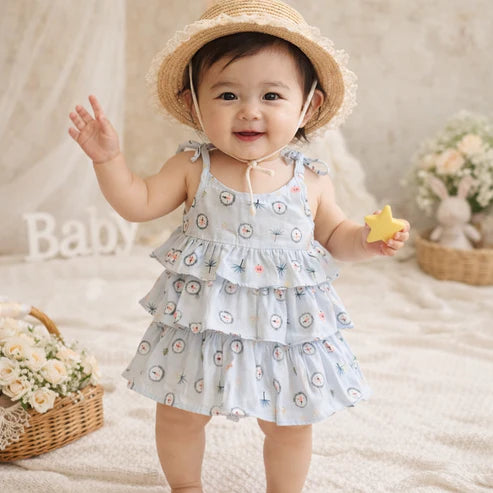 Baby Girl Cotton Printed Frock | Sleeveless Tiered Summer Dress for Infants