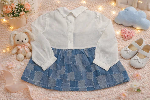 Baby Girl Premium Cotton Denim Frock with attached White shirt