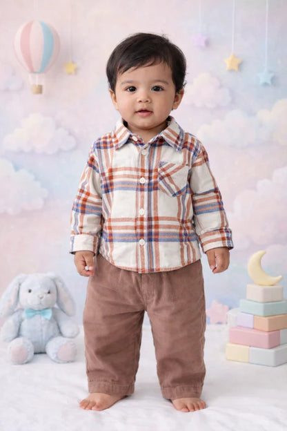 Baby Boys Cotton Checked Full Sleeve Shirt & Corduroy Trouser Set