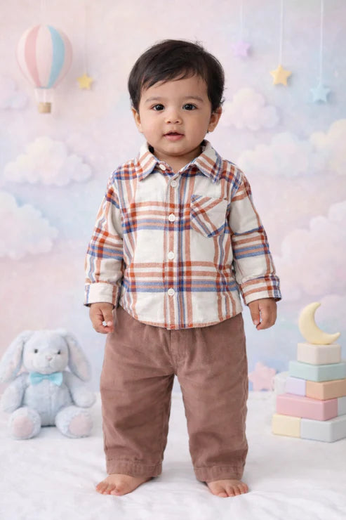 Baby Boys Cotton Checked Full Sleeve Shirt & Corduroy Trouser Set