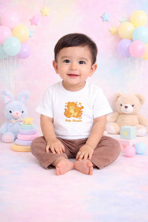 Bamboo T-Shirt and Trouser Set | Mama & Baby Tiger Print White Tee with Brown Corduroy Bottom