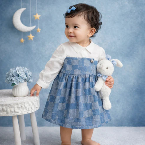 Baby Girl Premium Cotton Denim Frock with attached White shirt