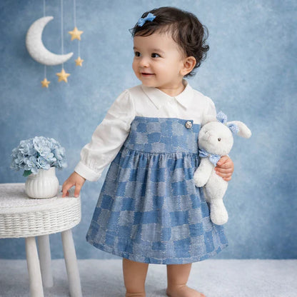 Baby Girl Premium Cotton Denim Frock with attached White shirt