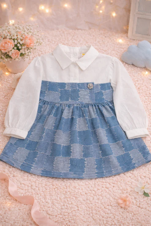 Baby Girl Premium Cotton Denim Frock with attached White shirt