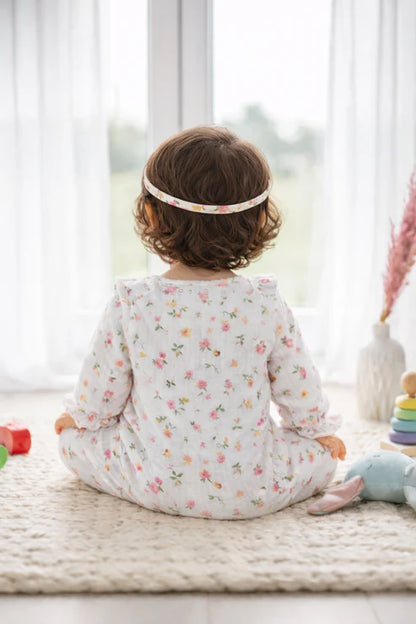 Floral 100% Cotton Baby Girl Romper with Headband Set | Soft Cotton Long Sleeve Jumpsuit