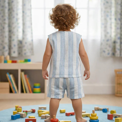 100% Cotton Baby Boy Outfit Set – Adorable Striped Sleeveless Shirt & Shorts