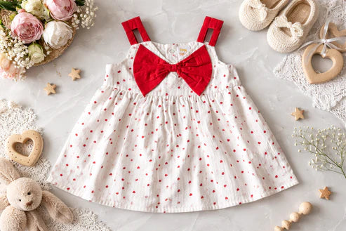 Baby Girls Pure Cotton Heart Print Frock with Red Bow in front