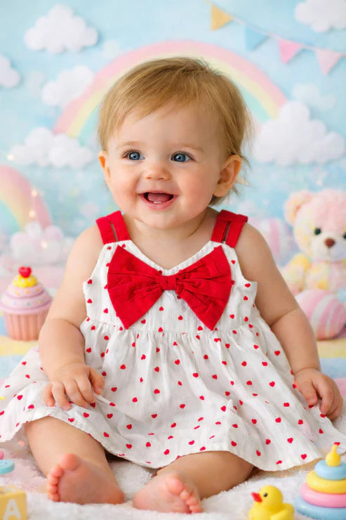 Baby Girls Pure Cotton Heart Print Frock with Red Bow in front