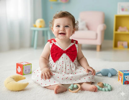 Baby Girls Pure Cotton Heart Print Frock with Red Bow in front