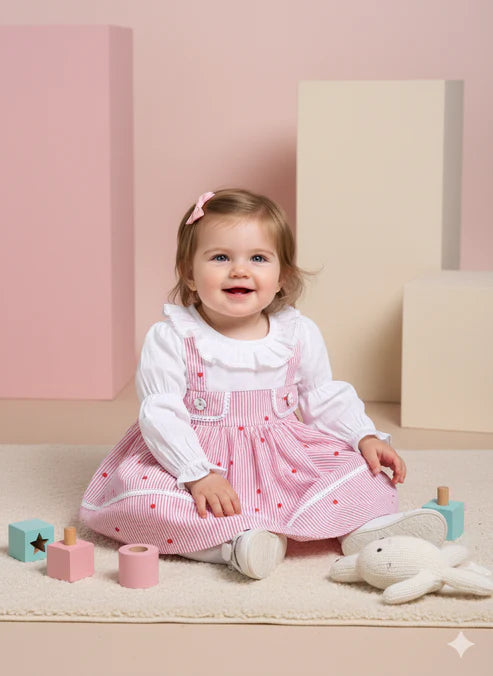 Baby Girls Premium Pink Heart Striped Pinafore Frock Matching Shorts