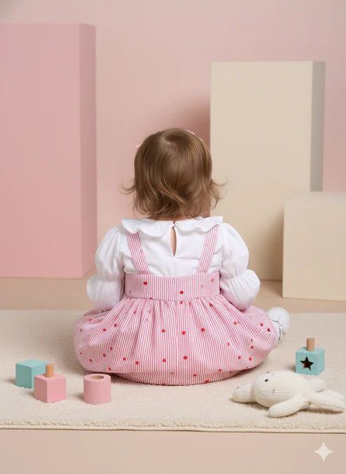 Baby Girls Premium Pink Heart Striped Pinafore Frock Matching Shorts