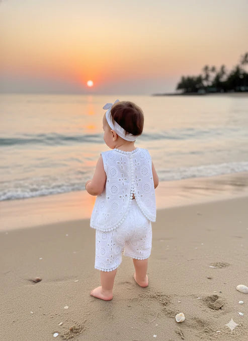 Baby Girl Summer Eyelet Embroidery Set – Lightweight White Top & Shorts