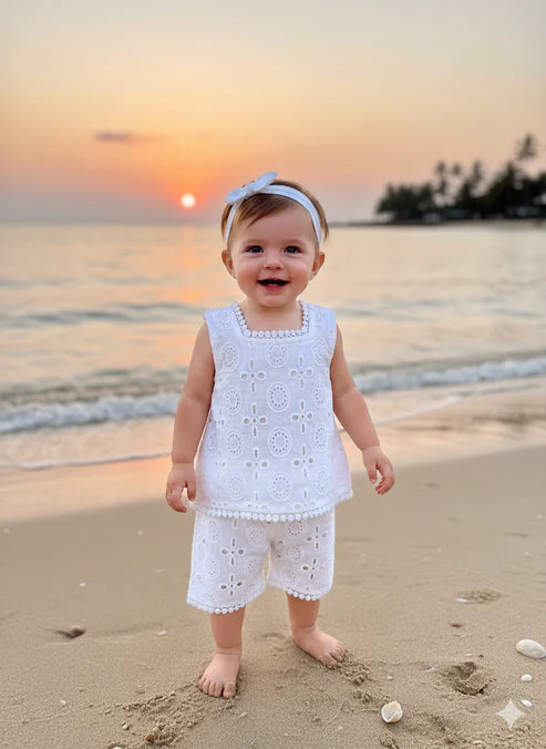 Baby Girl Summer Eyelet Embroidery Set – Lightweight White Top & Shorts