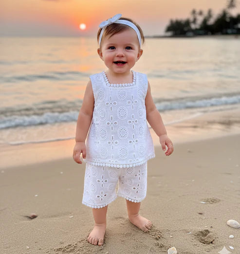 Baby Girl Summer Eyelet Embroidery Set – Lightweight White Top & Shorts