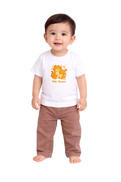 Bamboo T-Shirt and Trouser Set | Mama & Baby Tiger Print White Tee with Brown Corduroy Bottom