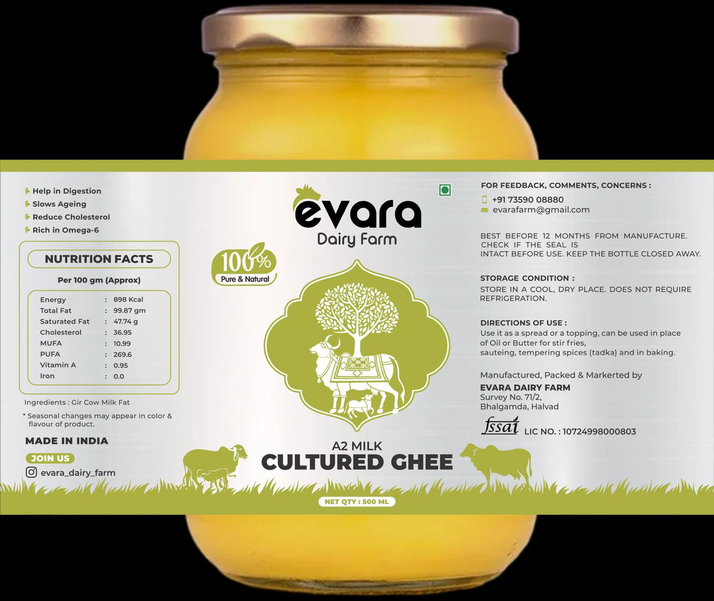 100% Chemical-Free A2 Milk Cultured Ghee: Pure Goodness in Every Drop!