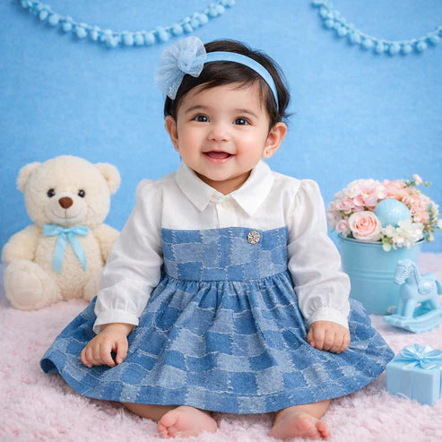 Baby Girl Premium Cotton Denim Frock with attached White shirt