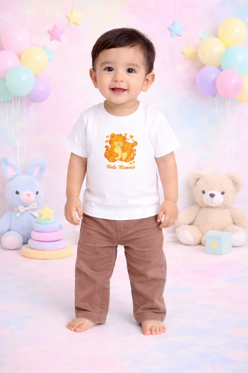 Bamboo T-Shirt and Trouser Set | Mama & Baby Tiger Print White Tee with Brown Corduroy Bottom