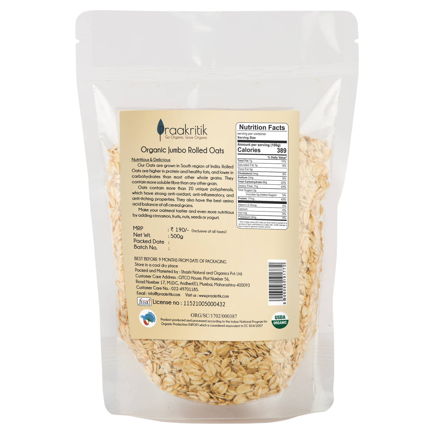 Organic Jumbo Rolled Oats 500 GM